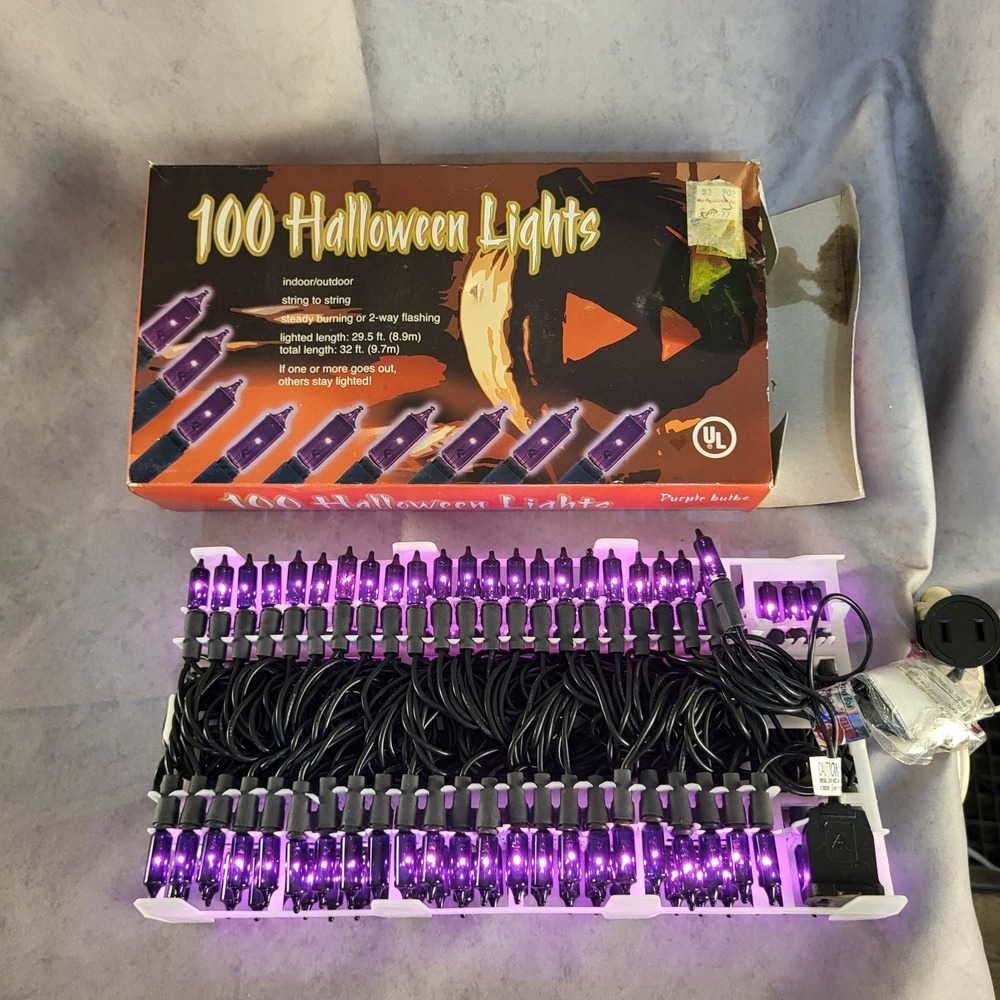 New Vtg Gerson 100 Halloween Lights Purple Mini Bulbs Black Wire Indoor Outdoor